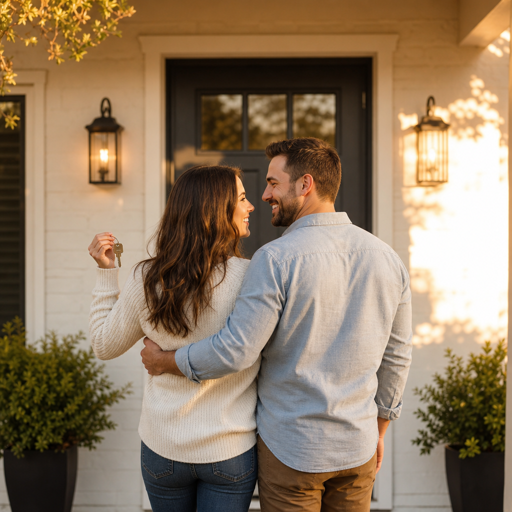 A hand holding keys at the front door of a home.