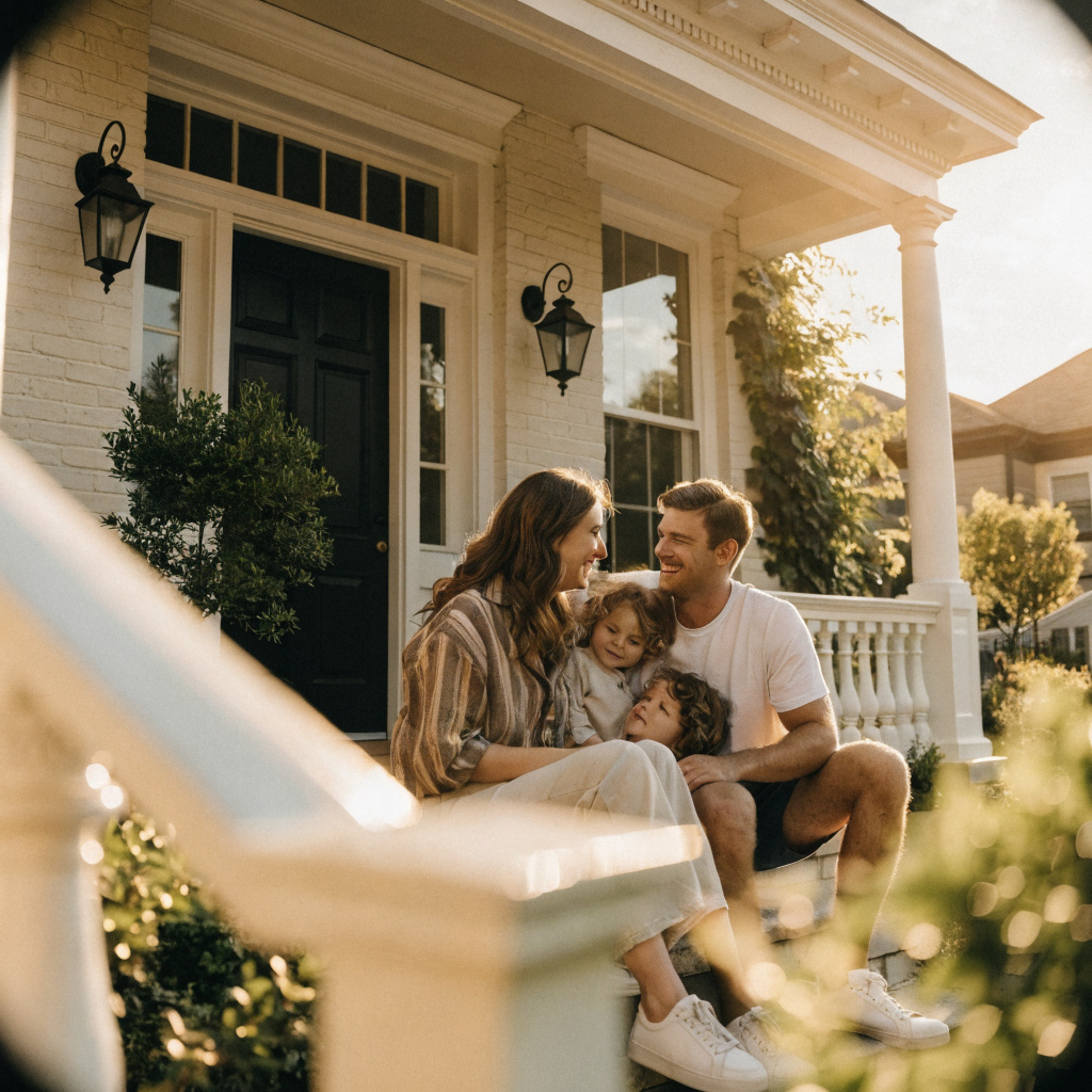 A family together on the front porch of a traditional home at golden hour.