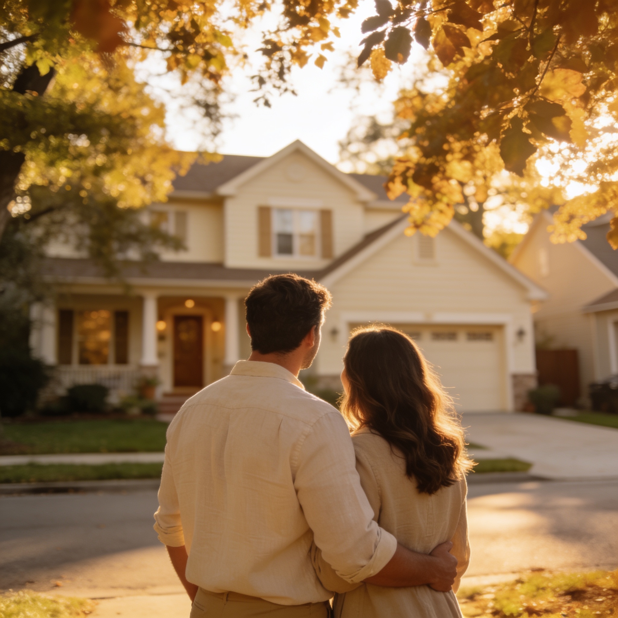 A couple standing together outside their new home.
